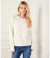 Karen Kane Petite Size Pearl Embellished Crewneck Long Sleeve Stretch Sweater