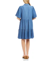 Karen Kane Petite Size Point Collar Short Puff Sleeve Tiered Button Front Shirtdress