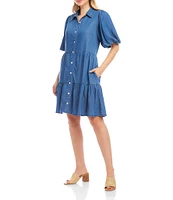 Karen Kane Petite Size Point Collar Short Puff Sleeve Tiered Button Front Shirtdress