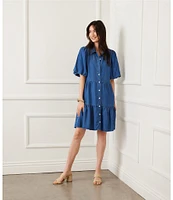 Karen Kane Petite Size Point Collar Short Puff Sleeve Tiered Button Front Shirtdress