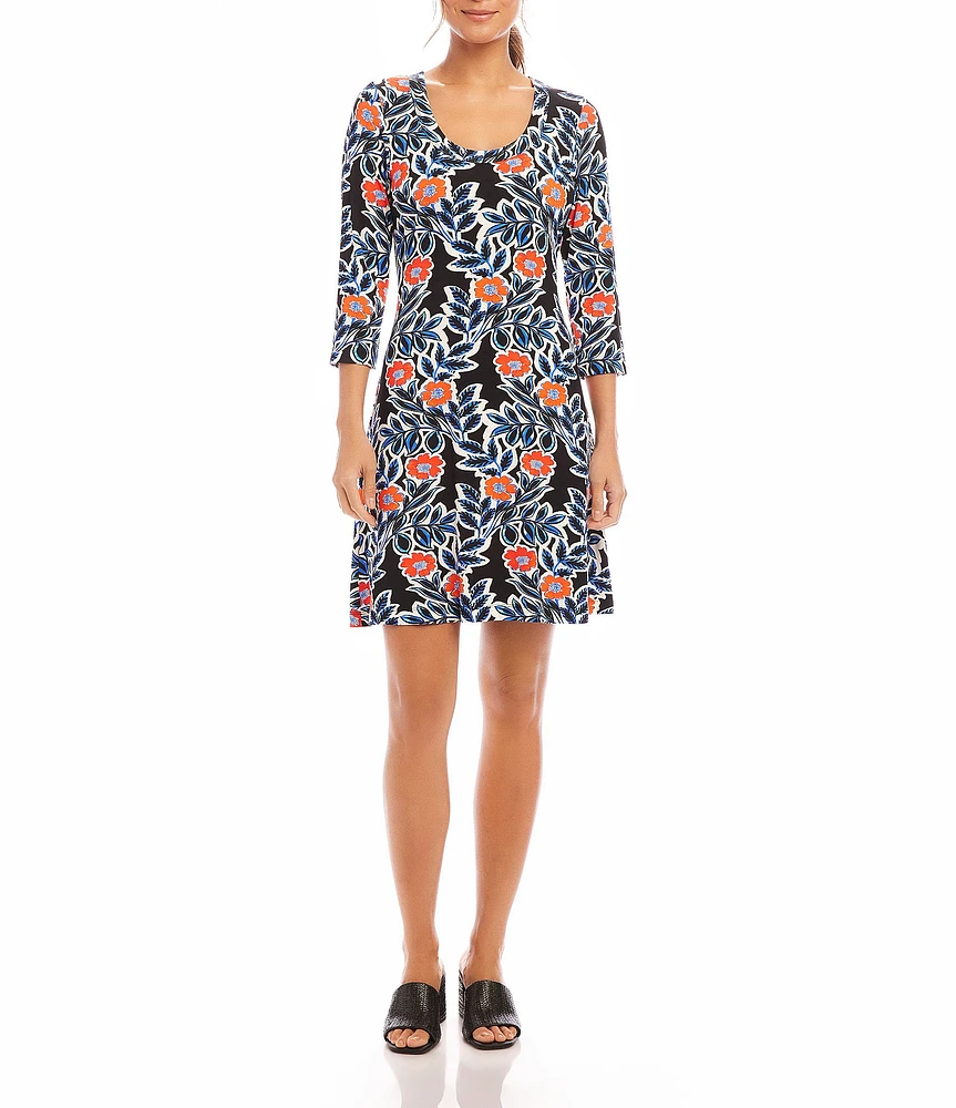 Karen Kane Petite Size Poppy Print Scoop Neck 3/4 Sleeve A-Line Dress