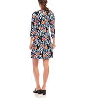 Karen Kane Petite Size Poppy Print Scoop Neck 3/4 Sleeve A-Line Dress