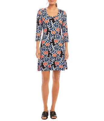 Karen Kane Petite Size Poppy Print Scoop Neck 3/4 Sleeve A-Line Dress