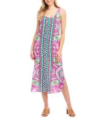 Karen Kane Petite Size Printed Scoop Neck Sleeveless Side Slit Midi Tank Dress