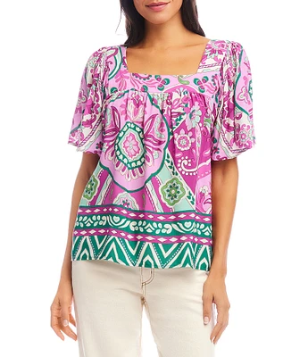 Karen Kane Petite Size Printed Square Neck Short Flare Sleeve Top