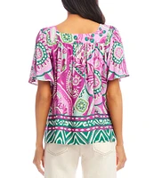 Karen Kane Petite Size Printed Square Neck Short Flare Sleeve Top