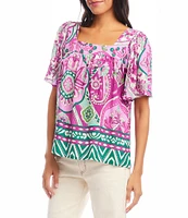 Karen Kane Petite Size Printed Square Neck Short Flare Sleeve Top