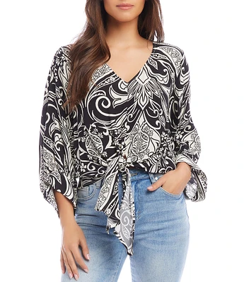 Karen Kane Petite Size Printed V-Neck Blouson Sleeve Tie-Front Top