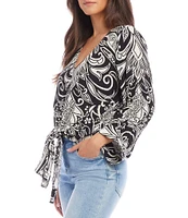 Karen Kane Petite Size Printed V-Neck Blouson Sleeve Tie-Front Top