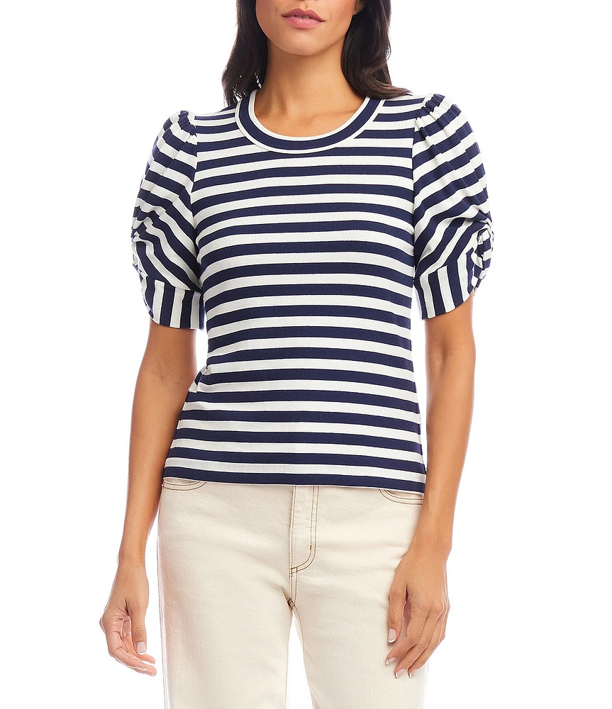 Karen Kane Petite Size Rib-Knit Stripe Twisted Short Puff Sleeve Scoop Neck Top