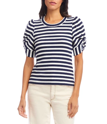 Karen Kane Petite Size Rib-Knit Stripe Twisted Short Puff Sleeve Scoop Neck Top