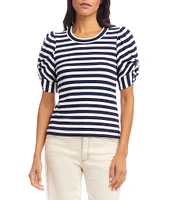Karen Kane Petite Size Rib-Knit Stripe Twisted Short Puff Sleeve Scoop Neck Top