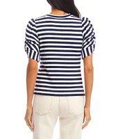 Karen Kane Petite Size Rib-Knit Stripe Twisted Short Puff Sleeve Scoop Neck Top