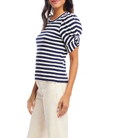 Karen Kane Petite Size Rib-Knit Stripe Twisted Short Puff Sleeve Scoop Neck Top