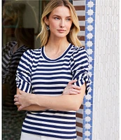 Karen Kane Petite Size Rib-Knit Stripe Twisted Short Puff Sleeve Scoop Neck Top