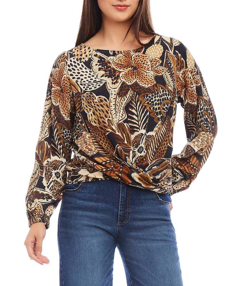 Karen Kane Petite Size Safari Floral Boat Neck Long Sleeve Drape Top