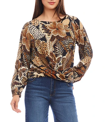 Karen Kane Petite Size Safari Floral Boat Neck Long Sleeve Drape Top