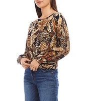 Karen Kane Petite Size Safari Floral Boat Neck Long Sleeve Drape Top