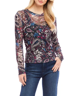 Karen Kane Petite Size Sheer Mesh Paisley Flower Print Crew Neck Long Sleeve Top