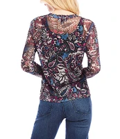 Karen Kane Petite Size Sheer Mesh Paisley Flower Print Crew Neck Long Sleeve Top