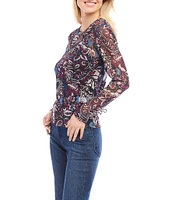 Karen Kane Petite Size Sheer Mesh Paisley Flower Print Crew Neck Long Sleeve Top