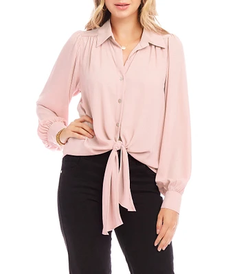 Karen Kane Petite Size Silky Crepe Point Collar Long Blouson Sleeve Button Down Tie-Front Top