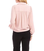 Karen Kane Petite Size Silky Crepe Point Collar Long Blouson Sleeve Button Down Tie-Front Top