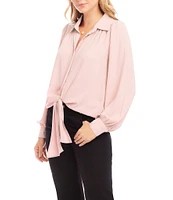 Karen Kane Petite Size Silky Crepe Point Collar Long Blouson Sleeve Button Down Tie-Front Top