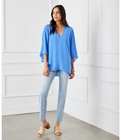 Karen Kane Petite Size Silky Crepe V-Neck 3/4 Flare Sleeve Asymmetric Crossover Hem Top
