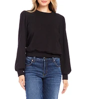 Karen Kane Petite Size Stretch Fleece Crew Neck Long Puff Sleeve Sweatshirt