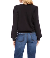 Karen Kane Petite Size Stretch Fleece Crew Neck Long Puff Sleeve Sweatshirt