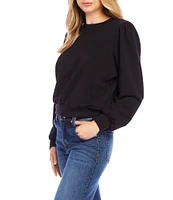 Karen Kane Petite Size Stretch Fleece Crew Neck Long Puff Sleeve Sweatshirt