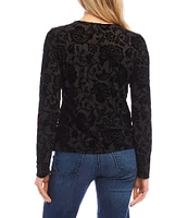 Karen Kane Petite Size Stretch Knit Velvet Burnout Crew Neck Long Sleeve Top