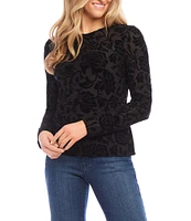 Karen Kane Petite Size Stretch Knit Velvet Burnout Crew Neck Long Sleeve Top