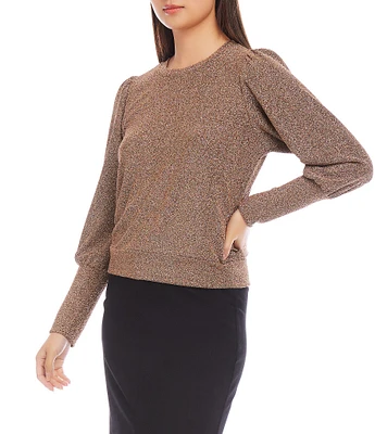 Karen Kane Petite Size Stretch Metallic Knit Crew Neck Long Bishop Sleeve Top