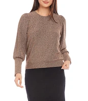 Karen Kane Petite Size Stretch Metallic Knit Crew Neck Long Bishop Sleeve Top