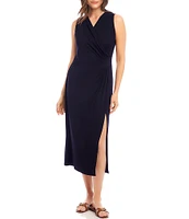 Karen Kane Petite Size Surplice V-Neck Sleeveless Side Slit Faux Wrap Midi Dress