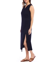 Karen Kane Petite Size Surplice V-Neck Sleeveless Side Slit Faux Wrap Midi Dress