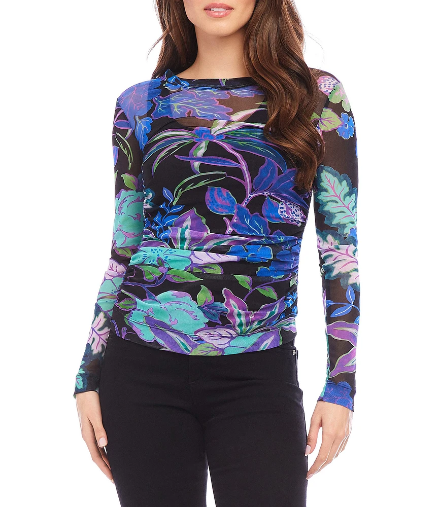 Karen Kane Petite Size Tropical Print Crew Neck Long Sleeve Side-Shirred Mesh Top