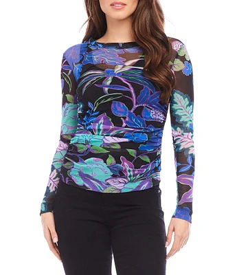 Karen Kane Petite Size Tropical Print Crew Neck Long Sleeve Side-Shirred Mesh Top