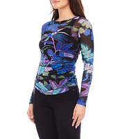 Karen Kane Petite Size Tropical Print Crew Neck Long Sleeve Side-Shirred Mesh Top