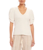 Karen Kane Petite Size Twisted Short Puff Sleeve V-Neck Top