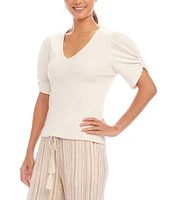 Karen Kane Petite Size Twisted Short Puff Sleeve V-Neck Top