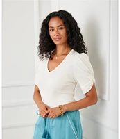 Karen Kane Petite Size Twisted Short Puff Sleeve V-Neck Top