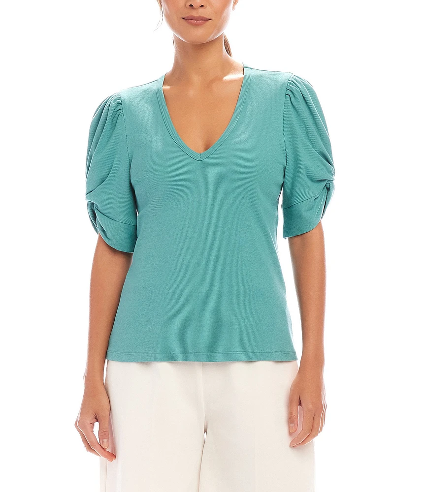 Karen Kane Petite Size Twisted Short Puff Sleeve V-Neck Top