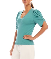 Karen Kane Petite Size Twisted Short Puff Sleeve V-Neck Top