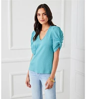 Karen Kane Petite Size Twisted Short Puff Sleeve V-Neck Top