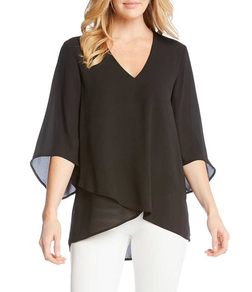 Karen Kane Petite Size V-Neck 3/4 Sleeve Crossover Hem Silky Crepe Top