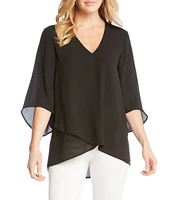 Karen Kane Petite Size V-Neck 3/4 Sleeve Crossover Hem Silky Crepe Top