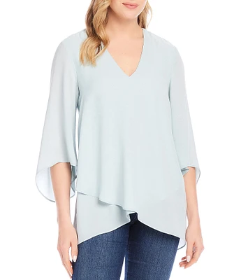 Karen Kane Petite Size V-Neck 3/4 Sleeve Crossover Hem Silky Crepe Top